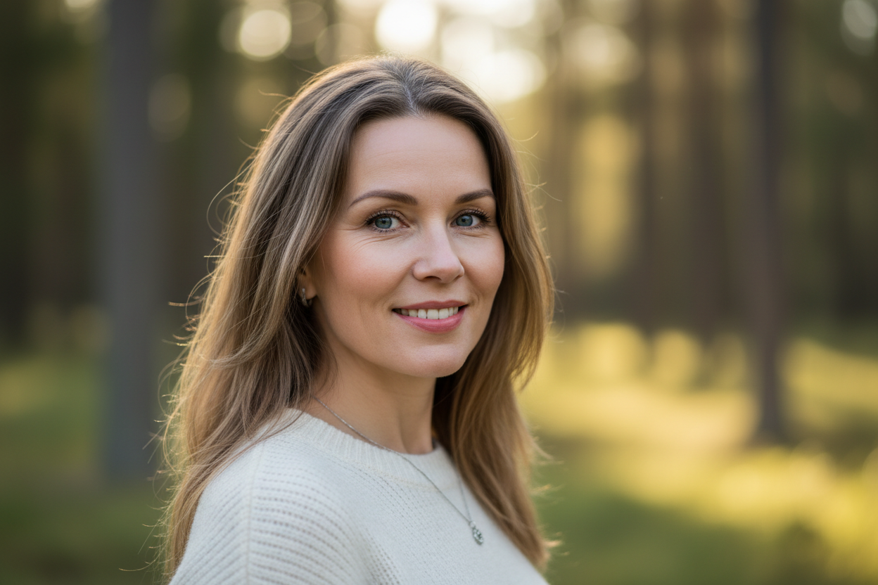 luo nainen luonnollisen näköinen 45 vuotias kauniit hiukset suomalainen tummanvaaleat hiukset kaunis nainen kuva kasvot ja yläkroppa näkyy