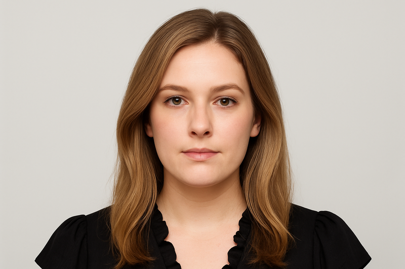Same woman in black ruffled blouse with thicker light brown hair - after photo