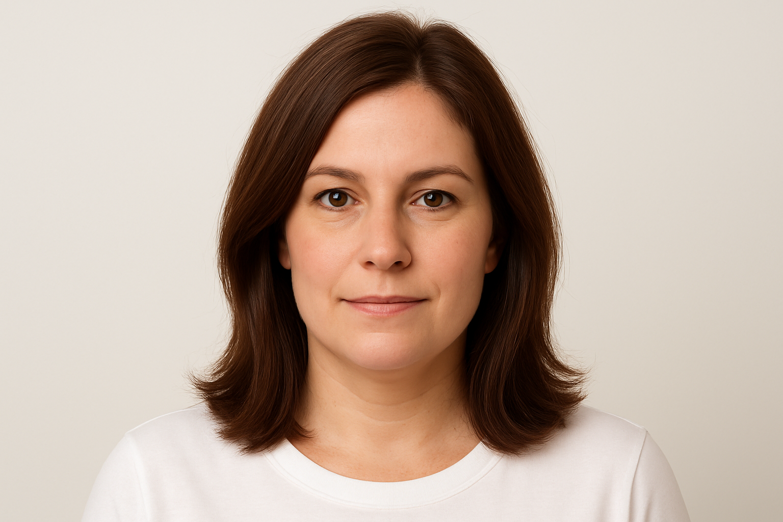 Same woman in white shirt with thicker, fuller hair - after photo