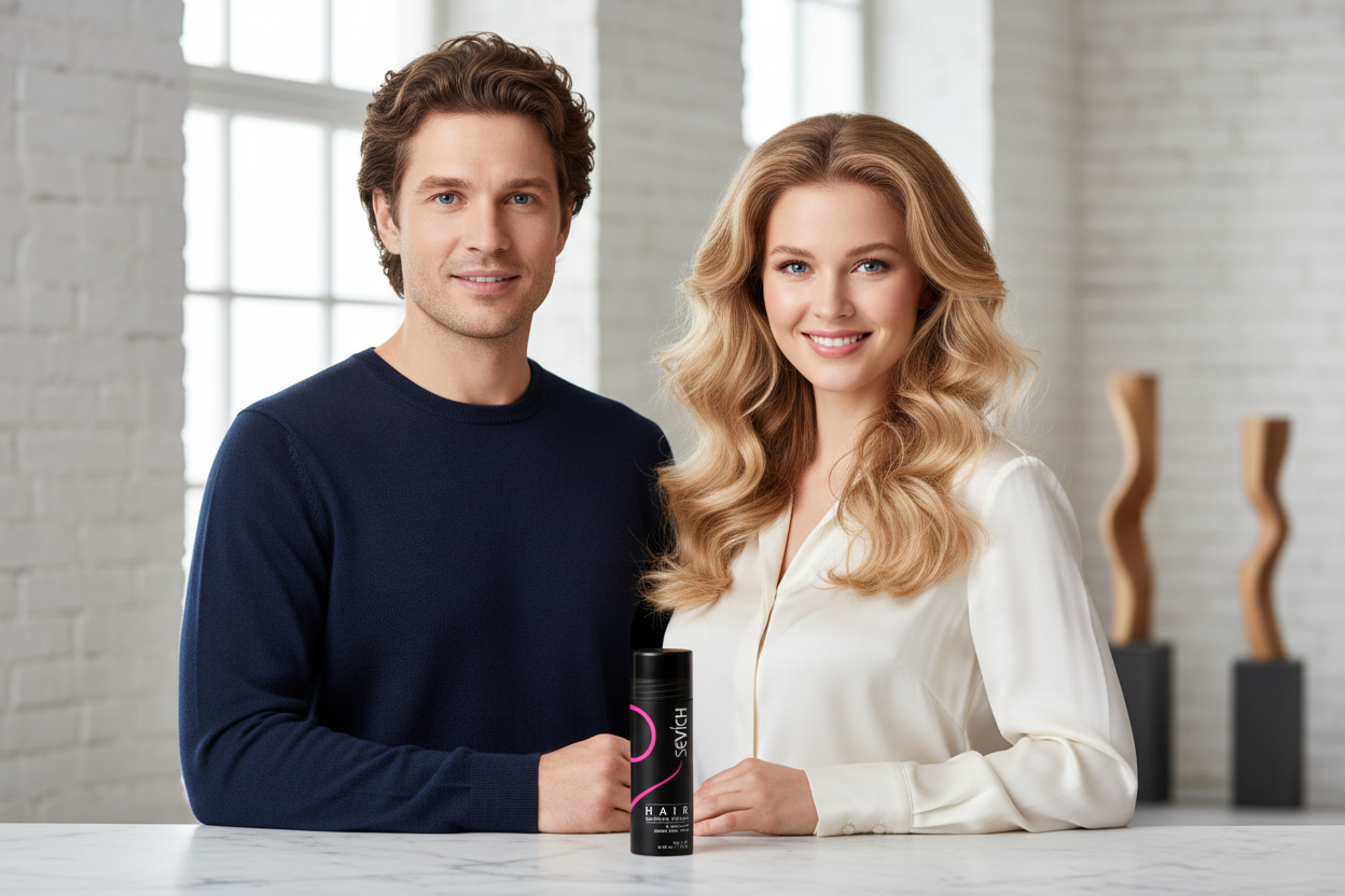 Suomalaiset henkilöt tuuheilla hiuksilla Sevich-tuotteen kanssa