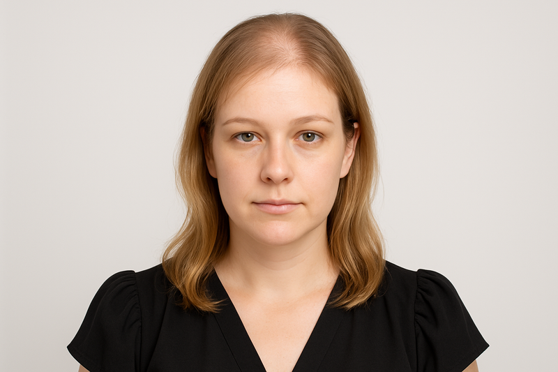 Woman in black ruffled blouse with thinning light brown hair - before photo