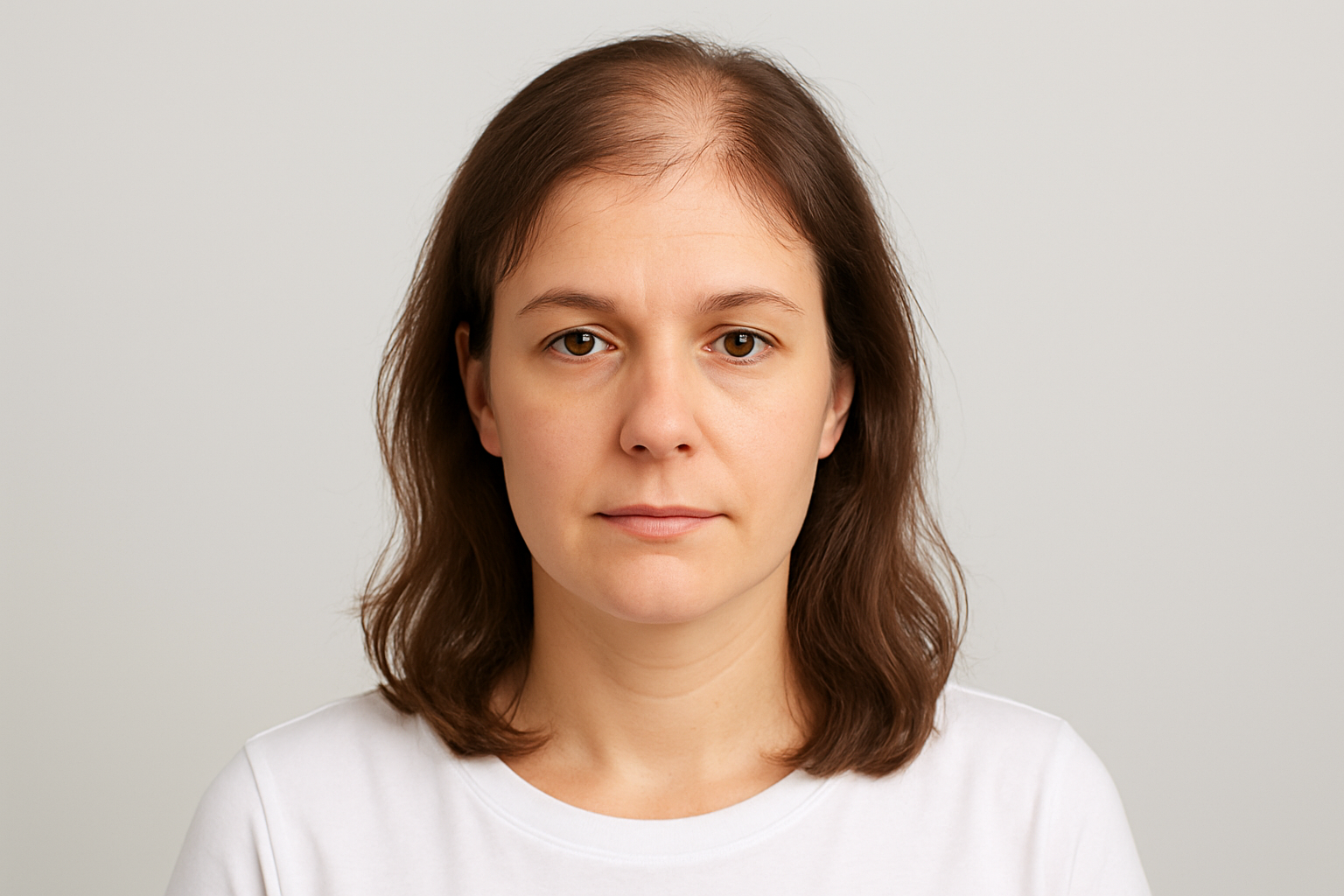 Woman in white shirt with natural hair thinning - before photo